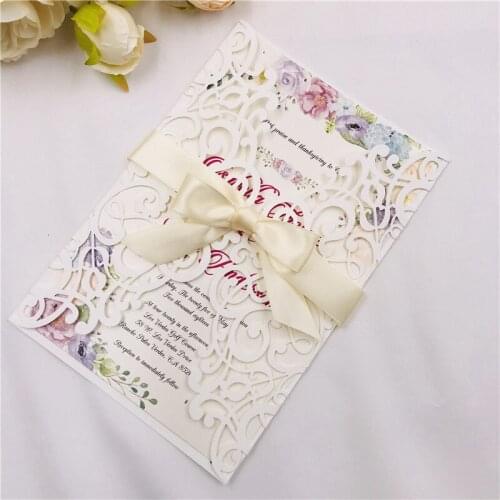 50 Pieces/Lot) Cream Wedding Invitation With Ribbon And Custom Print DIY Greeting Cards for Bridal Shower Announcement Party