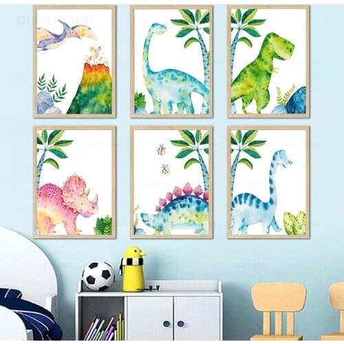 Watercolor Dinosaur Poster Cartoon Pterodactyl Triceratops Wall Art Canvas Painting Wall Pictures for Children Room Decoration