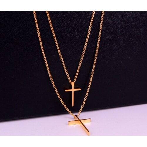 Stainless Steel Double-deck Cross Pendant Necklaces Chain Gold Color Women Female Girl Party Xmas Gift