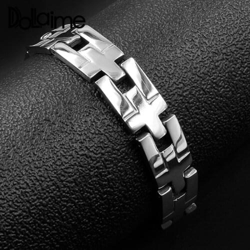 Dolaime Banquet New Style Punk Unisex Stainless Steel Silver Color Polished Cross Pattern Hollow Bracelet BS042