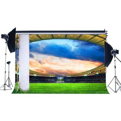 Football Field Backdrop Stadium Stage Lights Crowd Green Grass Meadow White Pillars Sports Match Photography Background