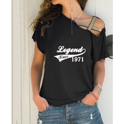 Legend 1971 50 Years Loose Irregular T-shirt Women Sexy Harajuku Skew Neck Cross Bandage Tops for Female 50th Birthday Gift