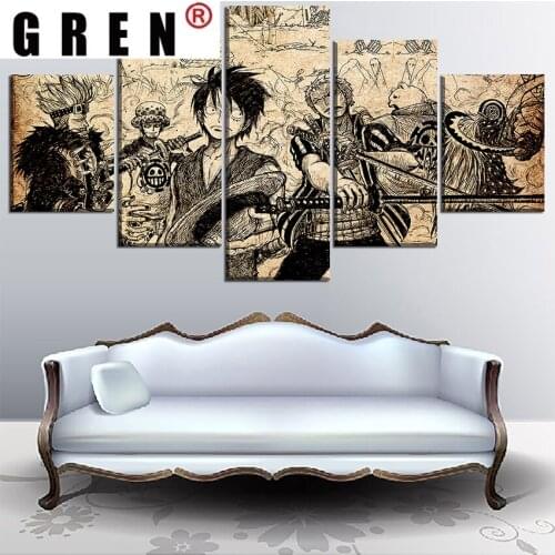 GREN Wall Art Quality Canvas Print One Piece Painting 5 Panel Artistic Characters Picture Framework Anime Poster Home Decorative