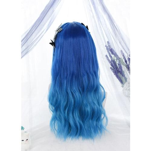 Halloween Harajuku Lolita Witch Mixed Color Blue Gradient Long Wavy Irregular Wig with Bangs