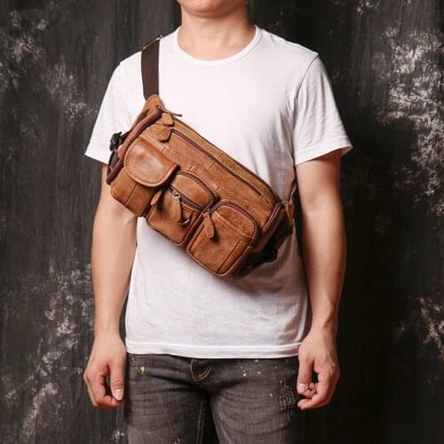 New Genuine Leather Mens Chest Bag Scrub Leather Waist Bag Outdoor Sports Shoulder Bag Multi-Function Messenger Bags