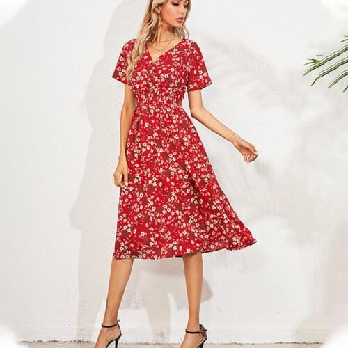 Women Sexy Elegant V Neck A-line Floral Print Dress 2021 Summer Ladies Casual Boho Short Sleeve Dresses High Waist Party Vestido