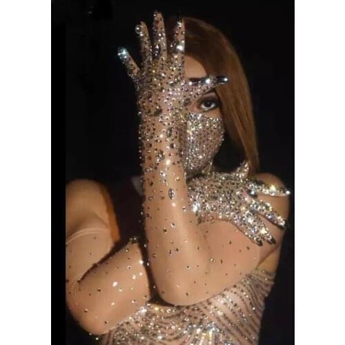 Christmas Silver Rhinestones Stretch Transparent Gloves Bar Singer Ornament Crystals Stones Long Mittens Party Stage Accessories