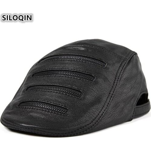 SILOQIN High Quality Mens Flat Cap Genuine Leather Hat Personality Decoration Sheepskin Leather Berets For Men Dads Hats New