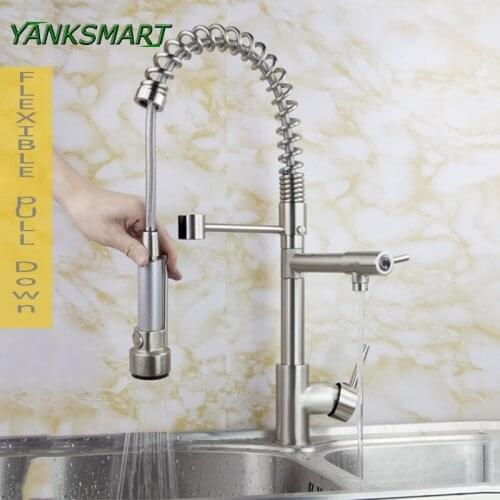YANKSMART Brushed Nickel Brass Kitchen Sink Faucets Pull Down Spout Stream Sink Sprayer Deck Mounted Mixer Tap Faucet