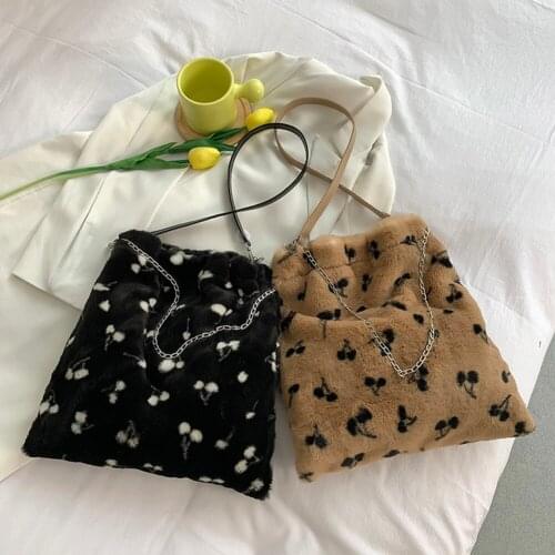 Women Plush Cherry Print Shoulder Bag Soft Solid Color Women Fashion Underarm Bag Casual Ladies Autumn Winter Handbag Purse New