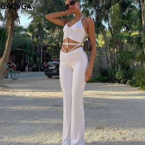 GACVGA Drawstring Pants Suit Bandage Halter Crop Top and Pants Two Piece Women Matching Sets Outfit Casual Shorts Jogging Femme