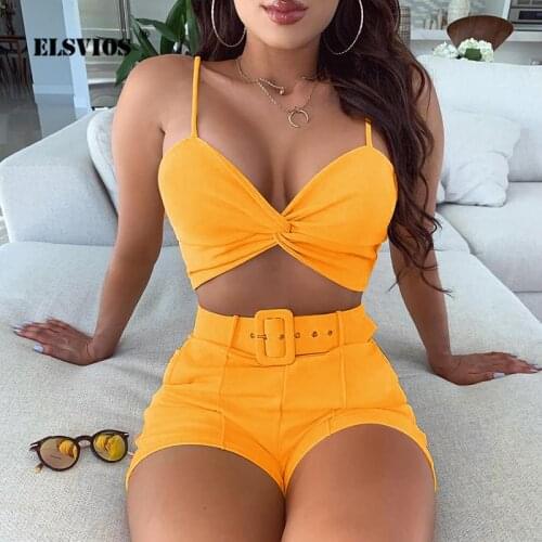 Sexy Off Shoulder Two Piece Set Summer Floral Print Crop Top and Belted Shorts Suit Women Sleeveless Spaghetti Strap 2 Piece Set