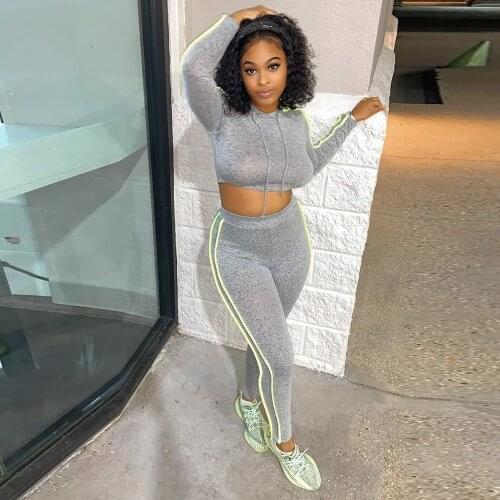 Neon Color Striped Patchwork 2 Piece Sport Suit Women Hooded Long Sleeve Crop Top and Skinny Stretchy Legging Loungewear Sets