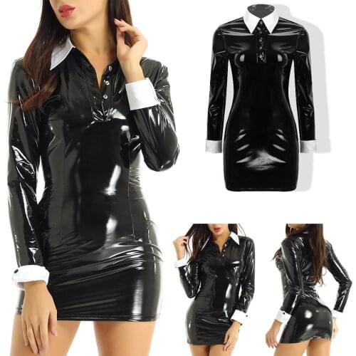 Women Halloween Fancy Dress Adults Wet Look Patent Leather White Collar Bodycon Dress Dark Gothic Darling Costume
