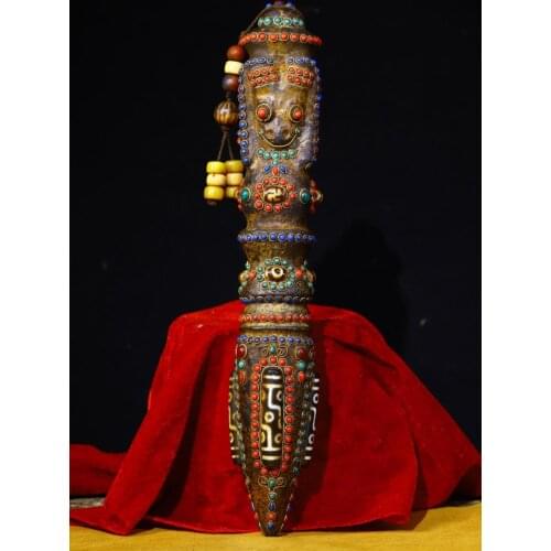 13" Tibet Buddhism Natural meteorite Gem Dzi Bead Horse head Ming Wang head statue Dorje Vajra Phurba Magnetic Exorcism