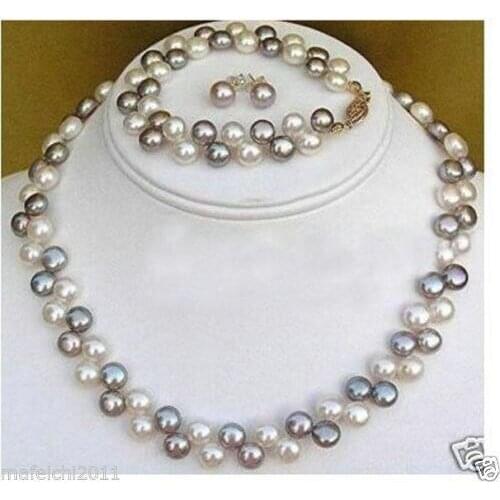 2 rows Black White pearl necklace bracelet earrings