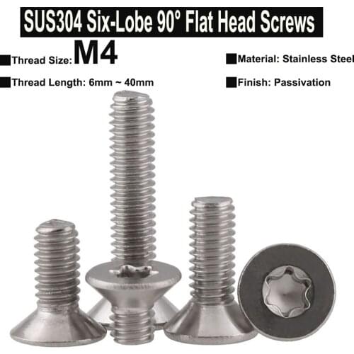 20Pcs M4x6mm~40mm SUS304 Stainless Steel Six-Lobe 90° Flat Head Screws Countersunk Screw GB2673