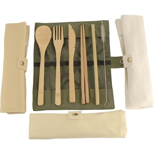 7Pcs Creative Knife Fork Spoon Tableware Bamboo Straw Wooden Cutlery Set Cloth Bag Dinnerware Set Chopsticks Kitchen Things
