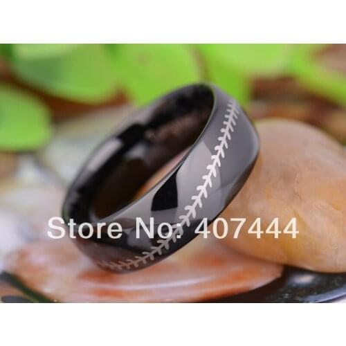 Free Shipping USA UK Canada Russia Brazil Hot Sales 8MM Black Dome Baseball Stitch New New Mens Tungsten Carbide Wedding Ring