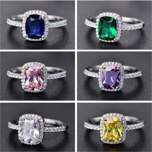 Purple/Green/Blue/White/Yellow/Pink Zircon Rings for Women Silver Color Filled Multicolor Birthstone Ring
