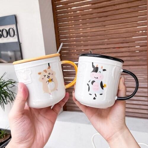 Cartoon embossed animal mug with spoon lid cat Ceramic Coffee Mug Coffee Cup Gold Breakfast Milk Water Cup Couple Gifts
