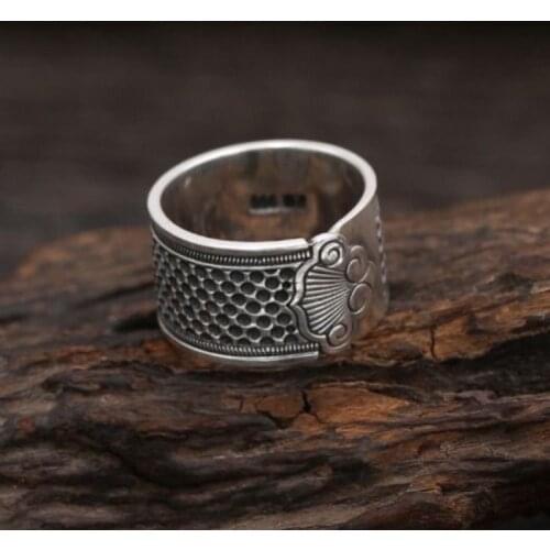 999 silver mens and womens wide fish-scale auspicious cloud finger set sterling silver ring Thai silver telescopic ring ring
