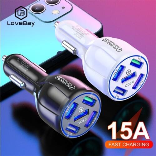 LOVEBAY 15A 5 Ports USB Car Charge Quick LED Fast Charging QC3.0 For iPhone 12 Xiaomi Huawei Mobile Phone Adapter in Car
