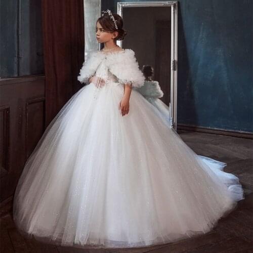 2021 Cute Ball Gown Flower Girl Dresses with Wrap Glitter Sequins Toddler Pageant Gowns Short Sleeves Birthday Party Wear