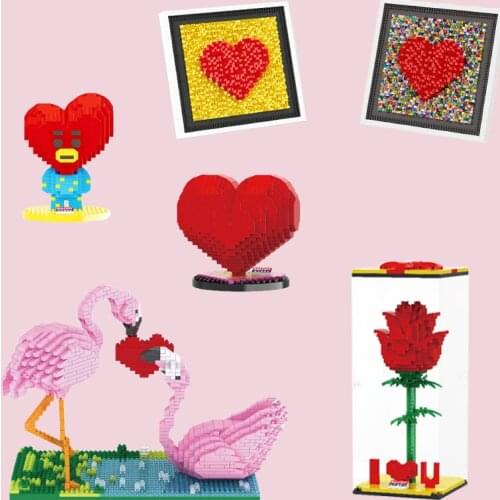 Mini Brick Flamingo Couple With Crown Love Rose Picture Photo Frame Heart DIY Cartoon Building Block Painting Wedding Toy Gifts