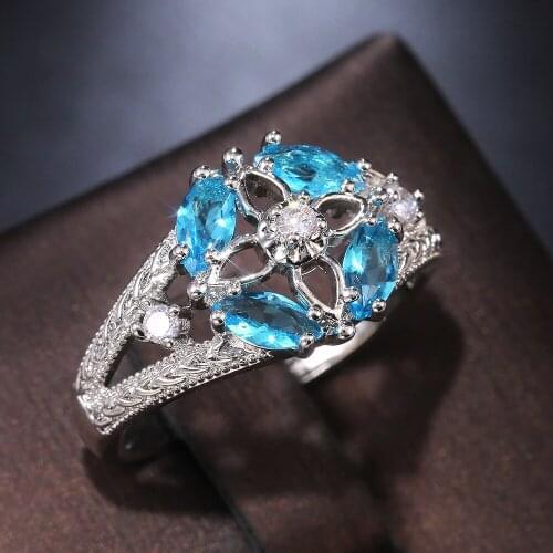 MIQIAO White Gold Blue Stone Full Zircon Luxury Flower Vintage Boho Rings for Women Wedding Couple Friends Gift Fashion Jewelry