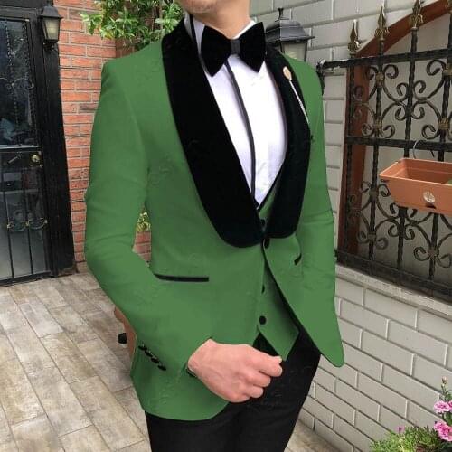 Custom Made Men Suits Olive Green and Black Groom Tuxedos Shawl Velvet Lapel Groomsmen Wedding ( Jacket+Pants+Vest+ Tie ) D263