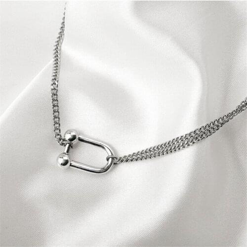 New Thai Silver Retro Double Layer U Shaped Buckle 925 Sterling Silver Jewelry Horseshoe Shaped Clavicle Chain Necklaces N205