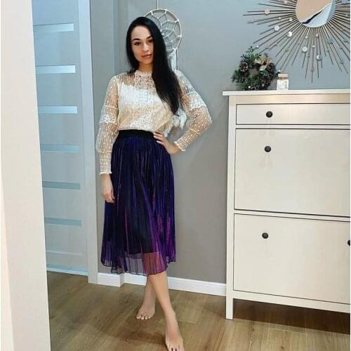 Fall / winter 2020 new high waist slim retro gradient reflective mesh pleated skirt