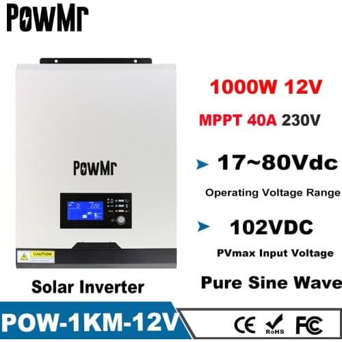 PowMr 1000W Solar Inverter 12V 220VAC Pure Sine Wave Solar Hybrid Inverter With 40A MPPT Controller Inside For Max 102V PV Input