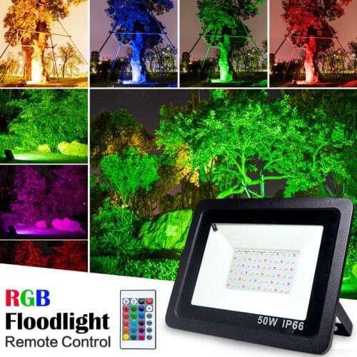 RGB LED Flood Light Waterproof 100W 50W 30W 220V 230V colorful remote control Outdoor Wall Lamp Garden Projector