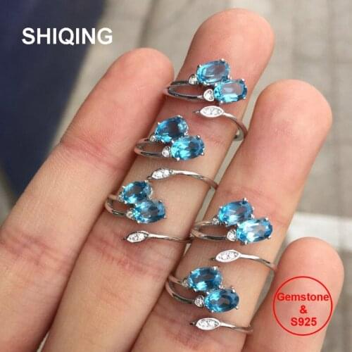 SHIQING Real blue topaz ring, 925 sterling silver ring, small leaf rings for girls women