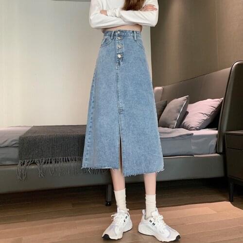 Mid-length package hip skirt spring 2021 new blue split denim skirt female high waist A-line skirt long skirts for women