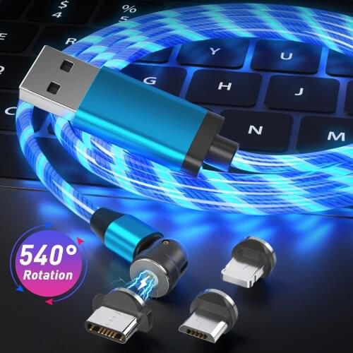 TKEY 540 Degrees Streamer 2.4A LED Magnetic Charging USB Cable 1M IOS Micro USB Type-C For iPhone Samsung Xiaomi Charging Wire