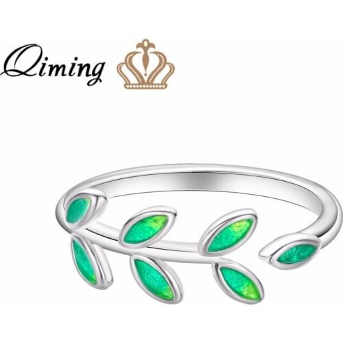 QIMING Luxury Green Stone Leave Rings For Women Birthday Anniversary Gift Adjustable Leaf Charm fashion Ring Womens Jewelry