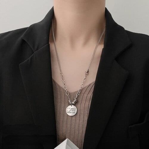 VSnow Japanese Circle Geometric Smile Face Pendant Necklace for Women Femme Letter Asymmetry Chunky Chain Necklace Jewellery