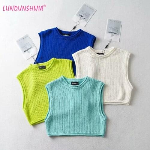 LUNDUNSHIJIA 2021 Spring Autumn High Quality Vest Women O-Neck Knitting Female Crop Tops Ladies Fashion Sleeveless Tank Tops