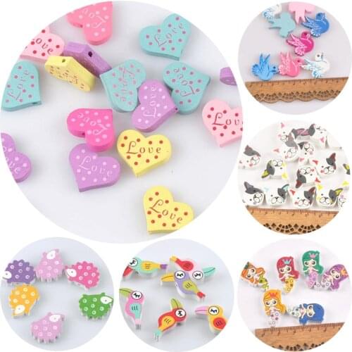 50PCS 23*19MM Mixed Color Space Wooden Beads Heart-shape Hedgehog Parrot Swan Elephant Dog Bird Princess beads for DIY Jewelry