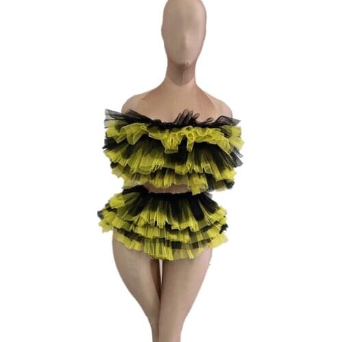 Cute Tiered Mesh Ruffles Party Bodysuit Women Halter Backless Dancer Leotard Nightclub Showgirl Singer Stage Performance Costume