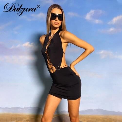 Dulzura Lace Up Women Halter Mini Dress Cross Bandage Backless Bodycon Sexy Patchwork Party Club 2021 Summer Clothes Festival