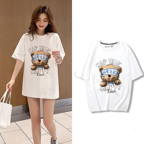 Summer Cute Cartoon Bear T Shirt Women BF Style Loose Short Sleeve Letter Harajuku Friends Cotton T-Shirt Ladies Tops