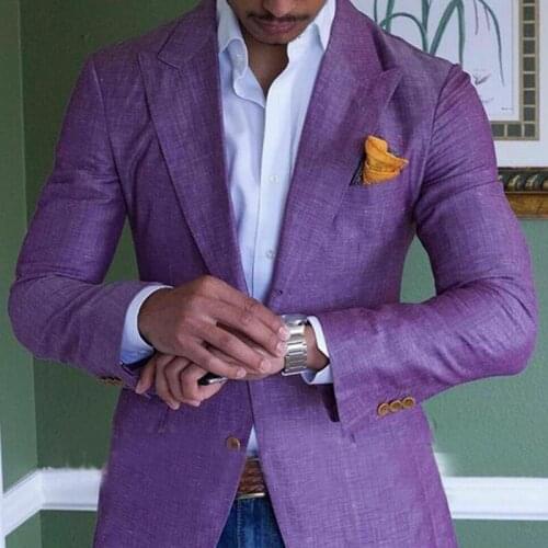 Fashion Purple Mens Linen Suits Summer Beach Jacket Slim Fit Suits For Men Tuxedo Groom Suits For Wedding Groomsman Male Costum