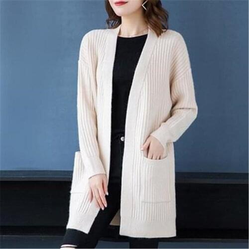 2021 New Solid Knit Cardigan Long Sleeve Sweater Women Open Stitch Casual Pocket 2021 Loose Medium-long Cardigans H016