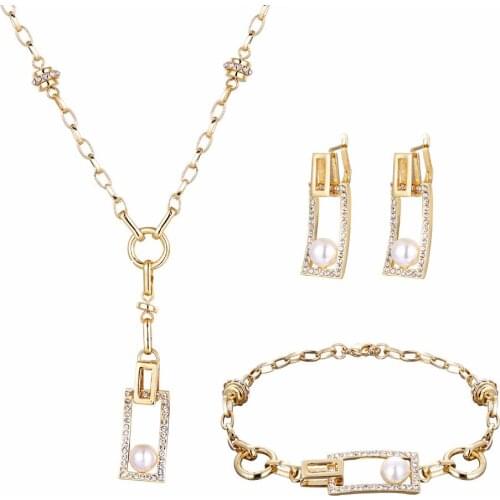 New Crystal & Imitation Pearl Alloy Silver Color Crystal Earrings Bracelet Necklace Jewelry Set For Women Party Gift