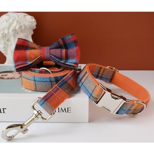 Grid Design Dog Collar Luxury Designer Pet Leash Set, Collars Free Engraved Bowknot Dog Neck Belt Dog Accessories