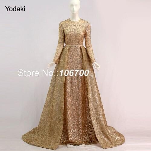 Real Photos Detachable Tail Formal Evening Dresses Glitter Fabric Long Sleeves O Neck Gold Color Pageant Prom Gowns New Arrival